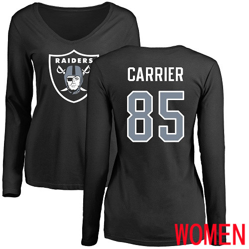 Oakland Raiders Olive Women Derek Carrier Name and Number Logo NFL Football 85 Long Sleeve T Shirt
